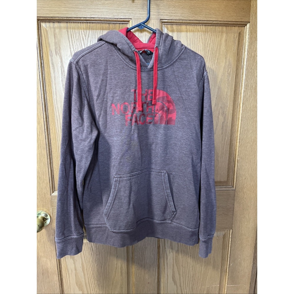 The North Face Men's Medium Heathered BrownRed Pullover Hoodie Spellout Big Logo